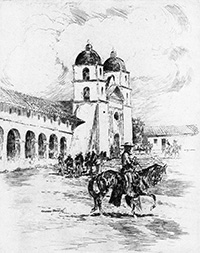 pencil sketch of mission and rider on horseback